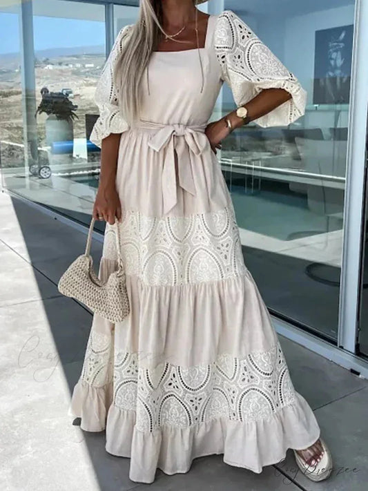 Lace Patchwork Loose Casual Beach Square Neck Boho Dress