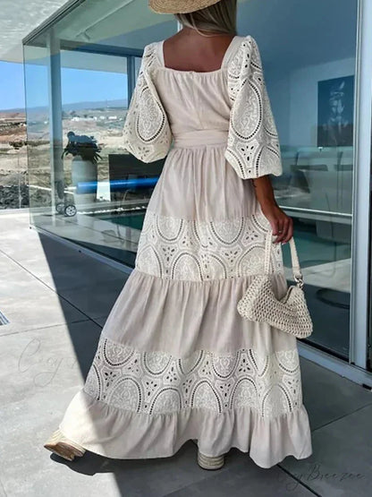 Lace Patchwork Loose Casual Beach Square Neck Boho Dress