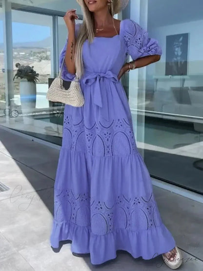 Lace Patchwork Loose Casual Beach Square Neck Boho Dress PURPLE / S