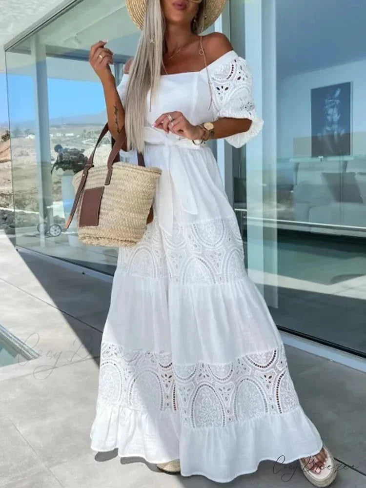 Lace Patchwork Loose Casual Beach Square Neck Boho Dress WHITE / S