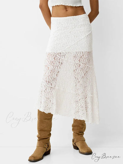 Lace Patchwork Low Waist Summer Long Skirt Casual Skirt WHITE / S skirt-250126