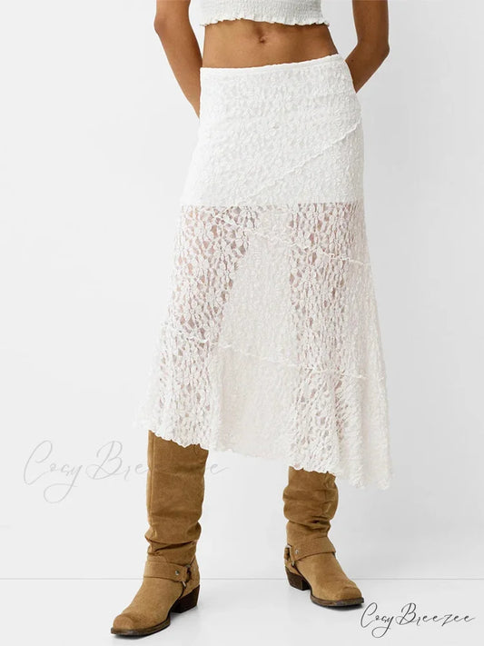 Lace Patchwork Low Waist Summer Long Skirt Casual Skirt WHITE / S skirt-250126