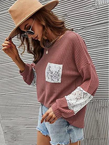 Lace Patchwork Pink Trendy Knit Crop Top Red / L