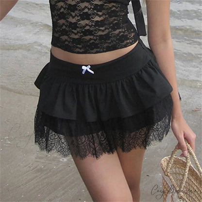 Lace Patchwork Preppy Black Skirt skirts-250223