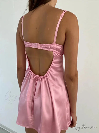 Lace Patchwork Ruched Vintage Sleeveless Strap Backless Mini Dress