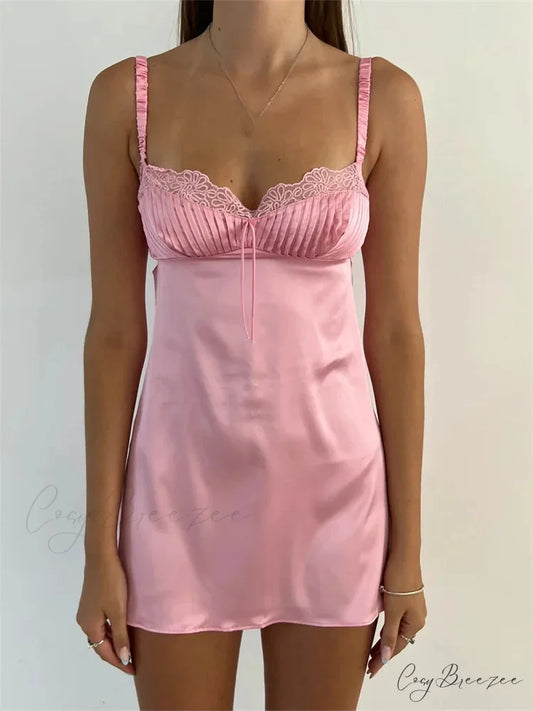 Lace Patchwork Ruched Vintage Sleeveless Strap Backless Mini Dress Pink / S