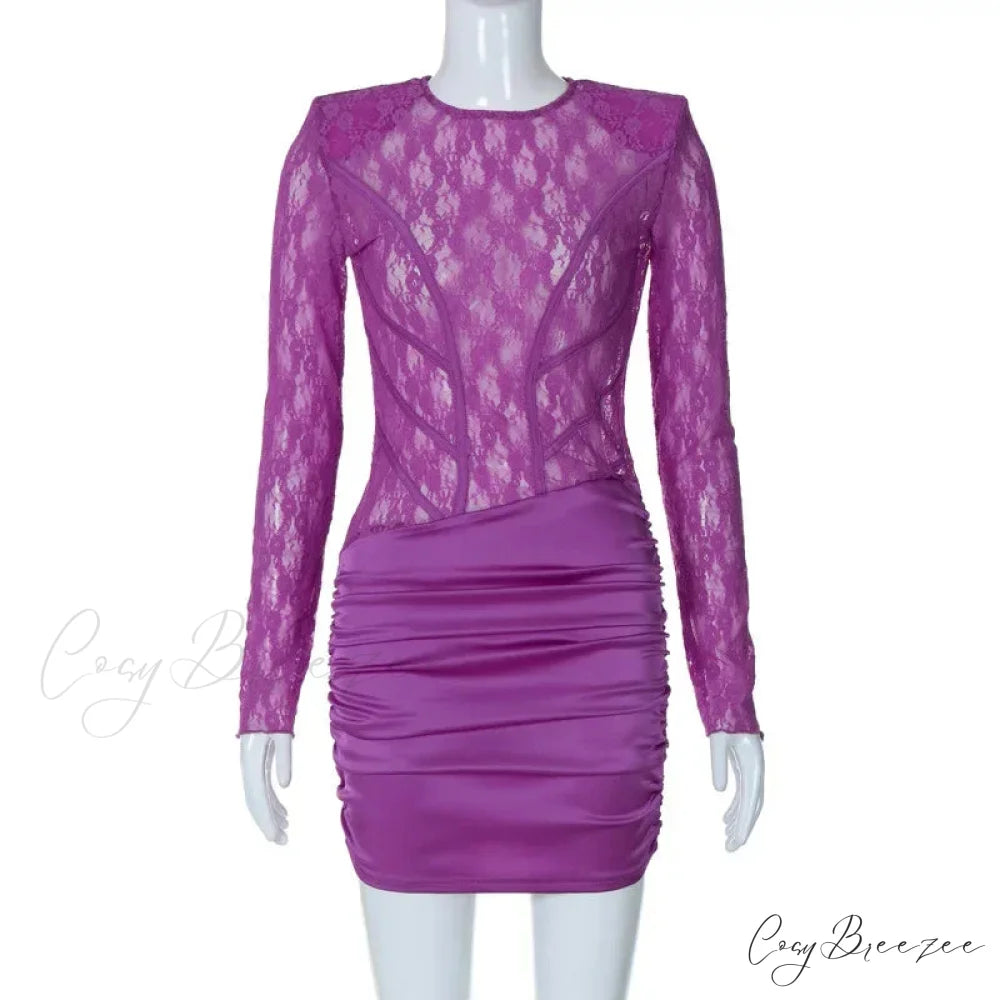 Lace Patchwork Sheer Sleeve Backless Mini Dress