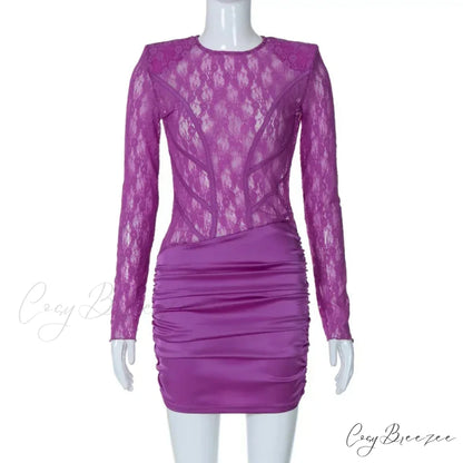 Lace Patchwork Sheer Sleeve Backless Mini Dress