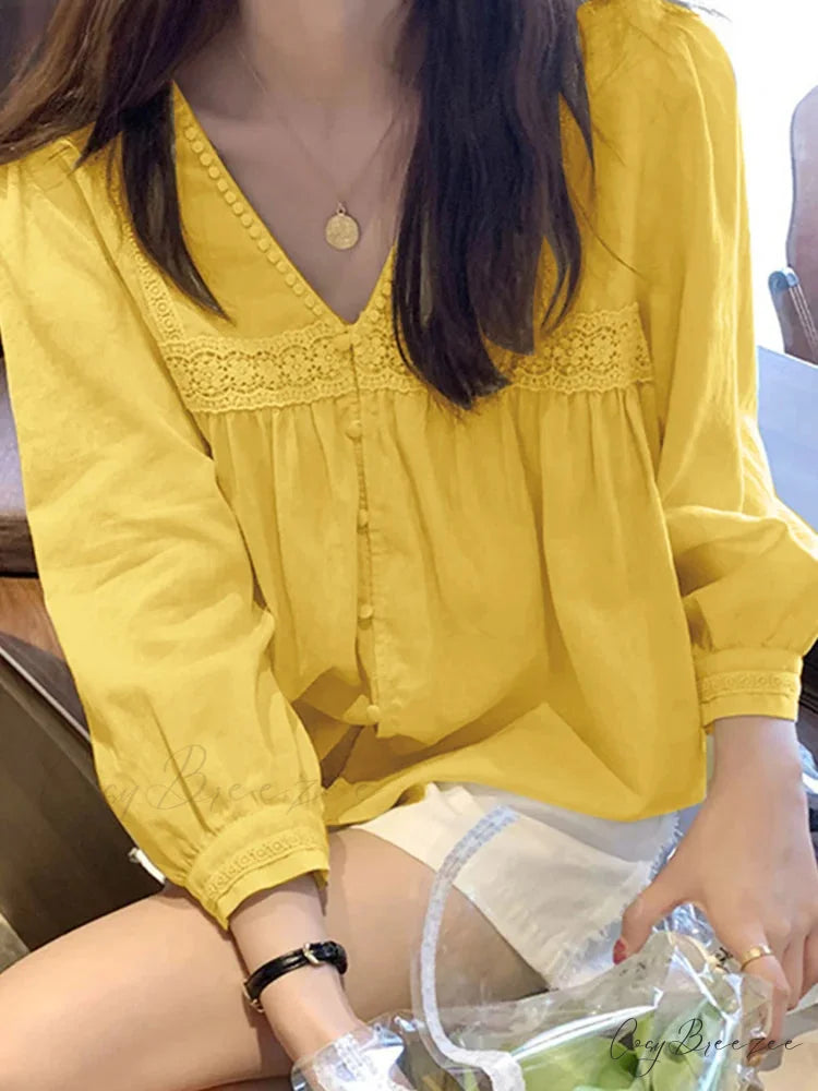 Lace Patchwork V-neck Oversized Blouse Yellow / S blouse-250126