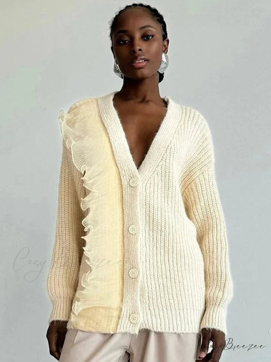 Lace Patchwork V-neck Ribbed Cardigan Creamy-white / S cardigans-241228