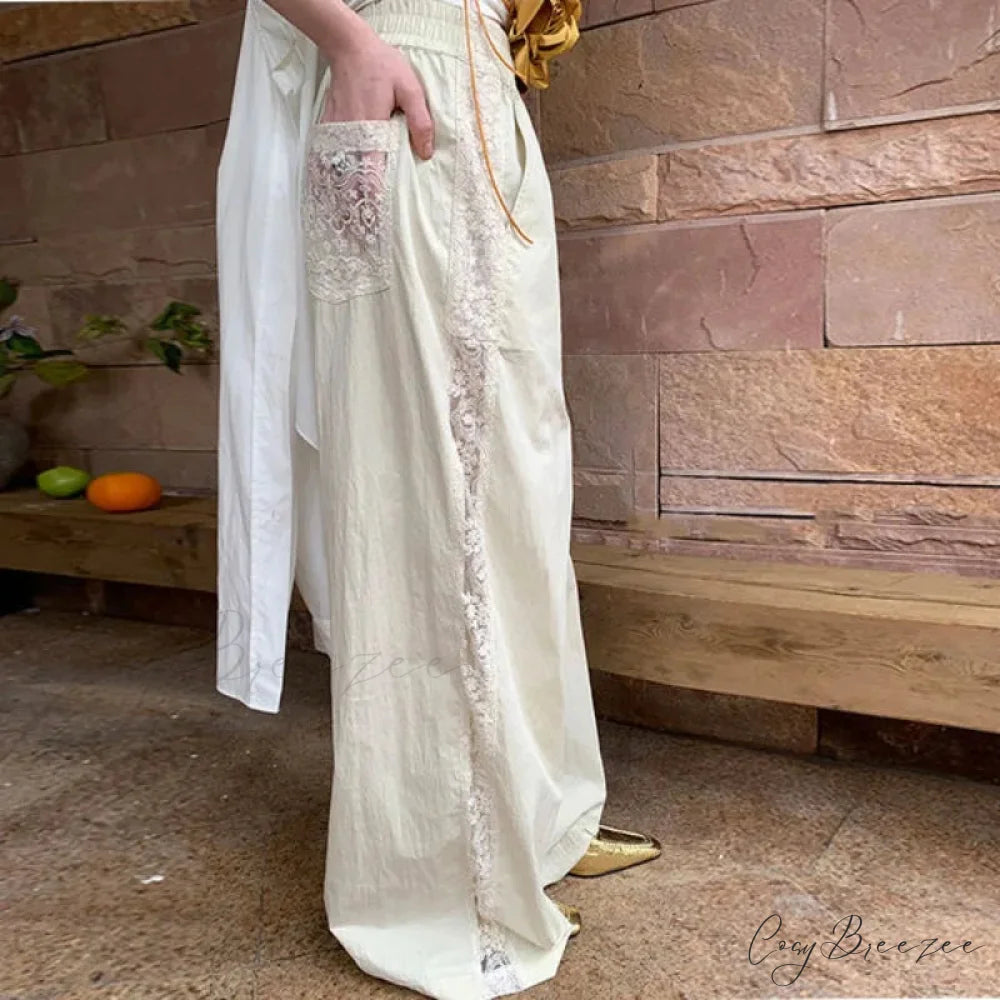 Lace Patchwork White Wide Leg Pants pants-241228
