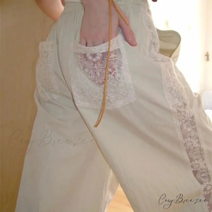 Lace Patchwork White Wide Leg Pants pants-241228