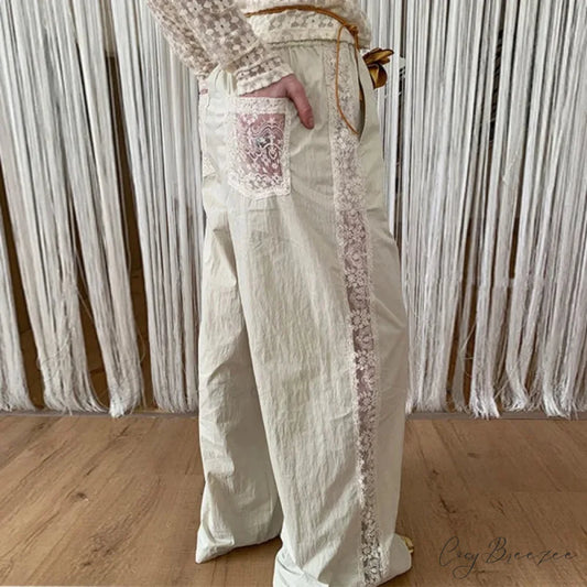 Lace Patchwork White Wide Leg Pants pants-241228