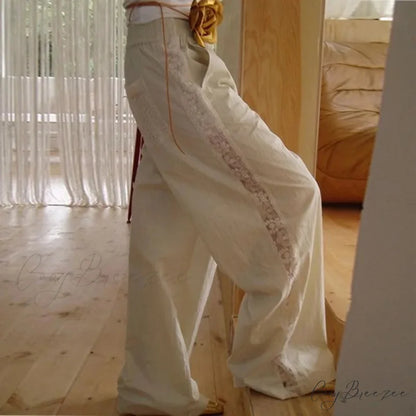 Lace Patchwork White Wide Leg Pants pants-241228