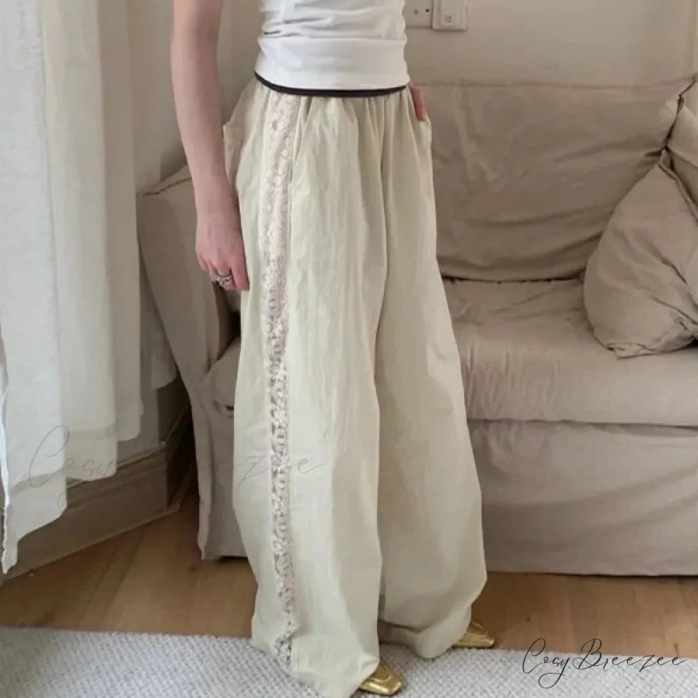Lace Patchwork White Wide Leg Pants beige / S pants-241228
