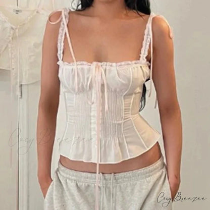 Lace Ribbon Bowknot Button-Up Slim Crop Top croptop-250126