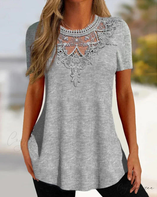 Lace Round Neck T-shirt Gray / S