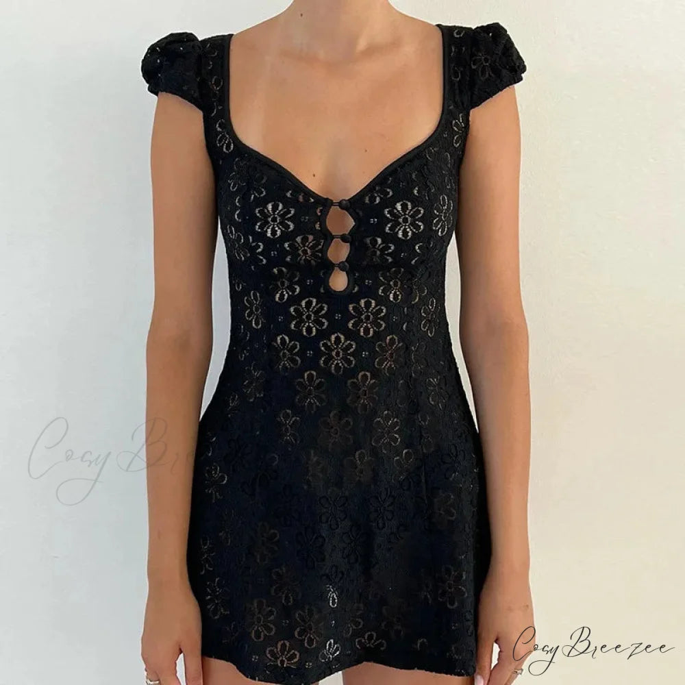 Lace Ruffle Backless Mini Gown Black / S minidress-250223