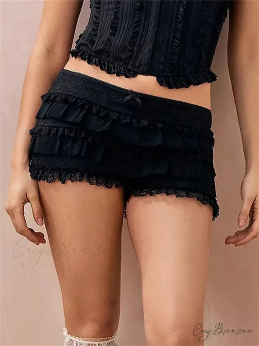 Lace Ruffle Elastic Waist Shorts black / S short-250223