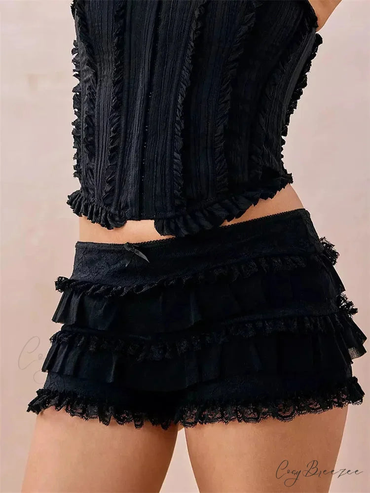 Lace Ruffle Elastic Waist Shorts short-250223