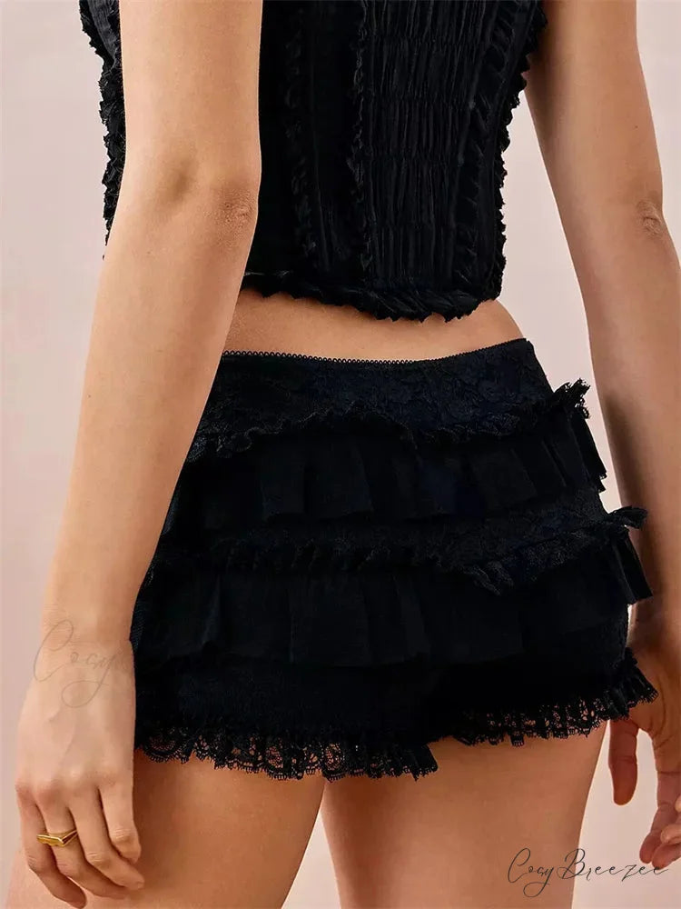 Lace Ruffle Elastic Waist Shorts short-250223