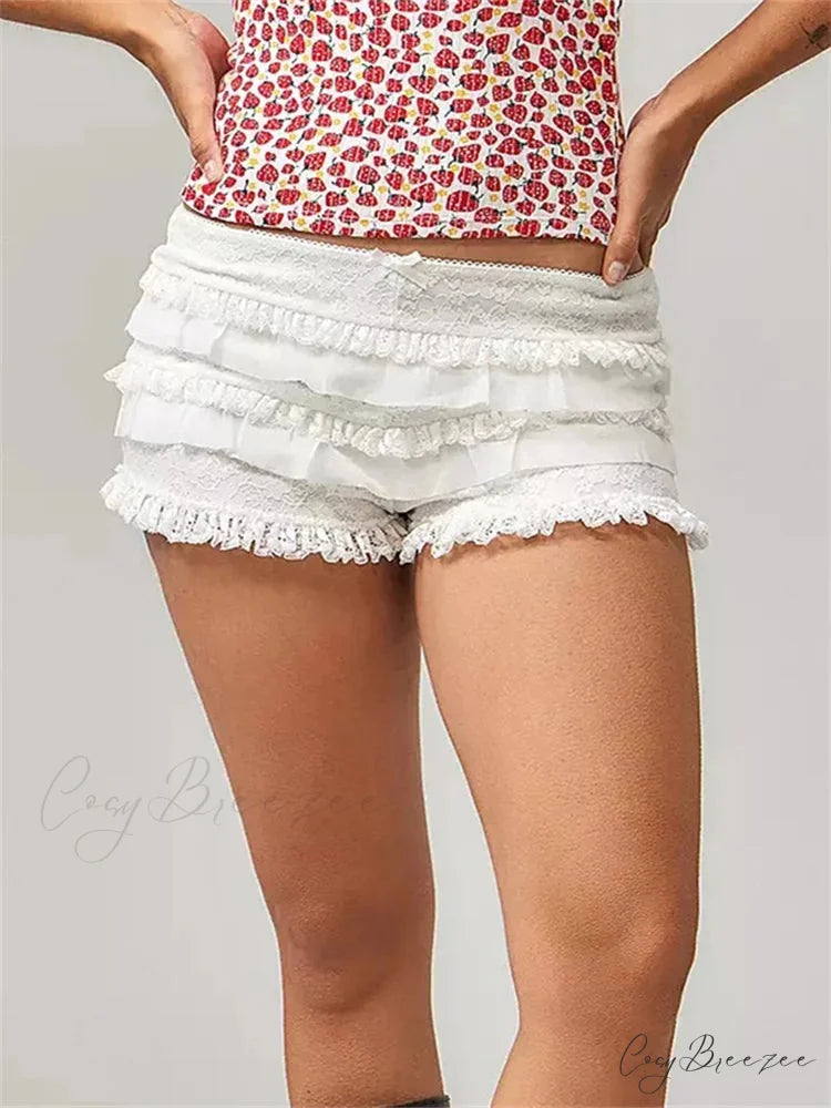 Lace Ruffle Elastic Waist Shorts white / S short-250223