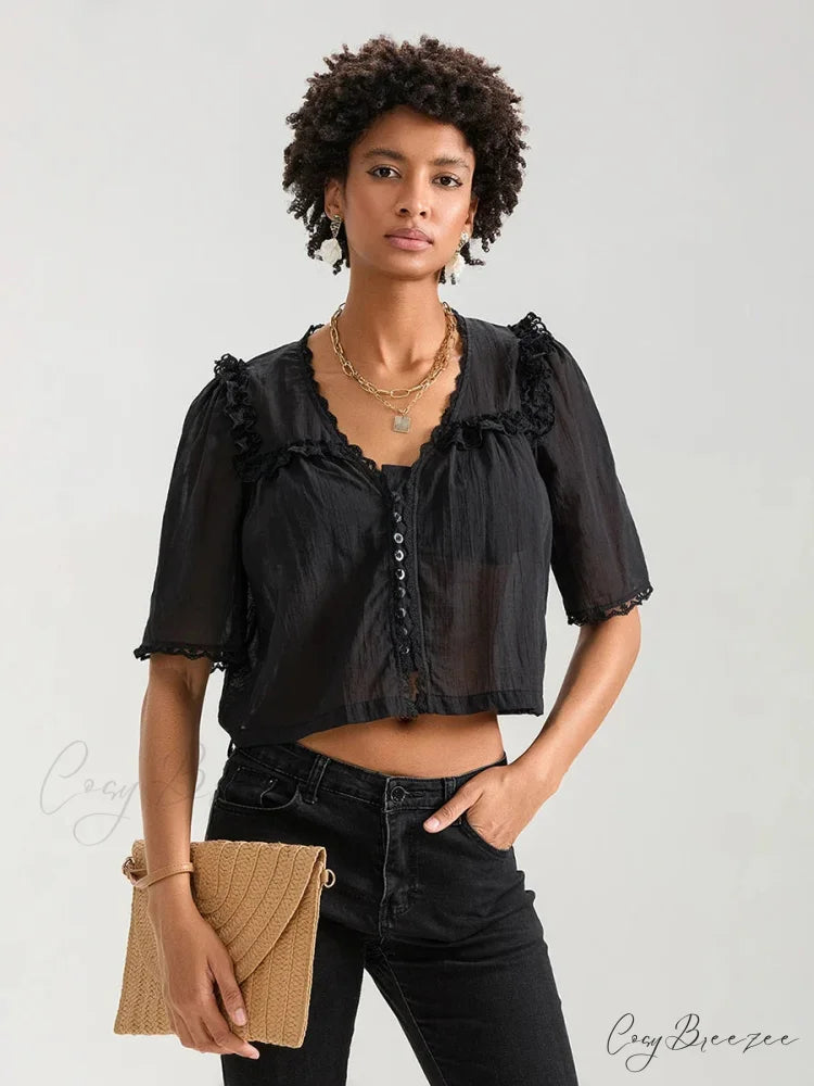Lace Ruffle V-neck Button Casual Loose Crop Shirt BLACK / XS croptop-250126