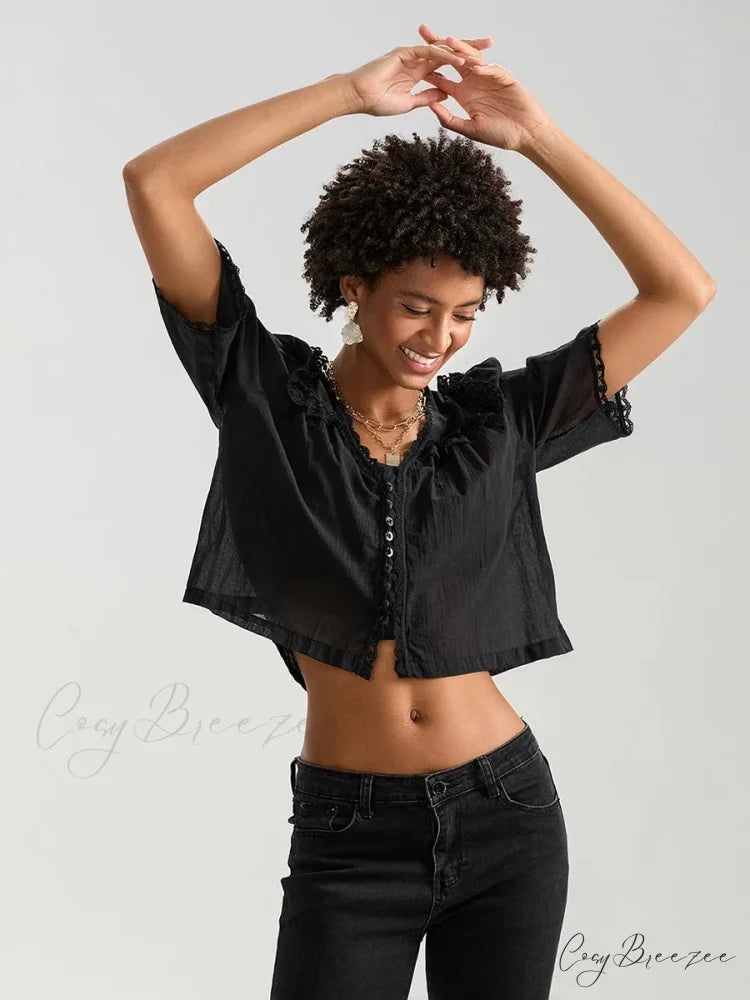 Lace Ruffle V-neck Button Casual Loose Crop Shirt croptop-250126