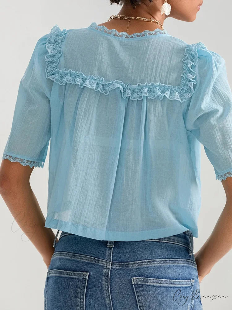 Lace Ruffle V-neck Button Casual Loose Crop Shirt croptop-250126