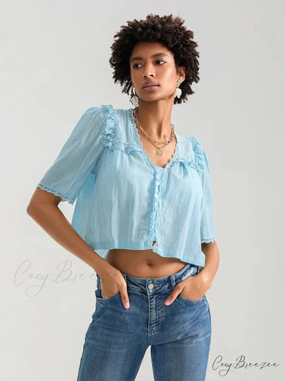 Lace Ruffle V-neck Button Casual Loose Crop Shirt LIGHT BLUE / XS croptop-250126