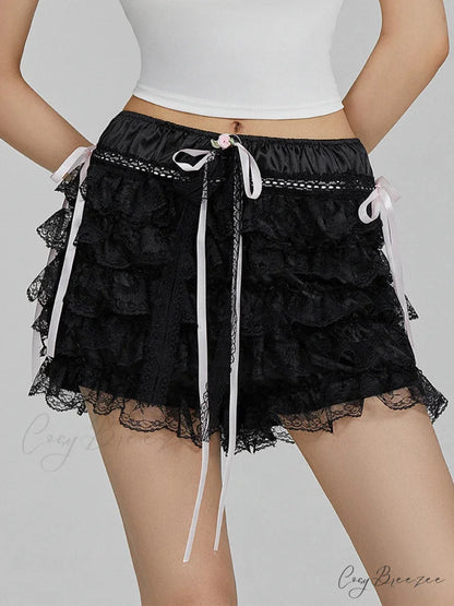 Lace Ruffled Bow Flower Shorts Black / S short-250223