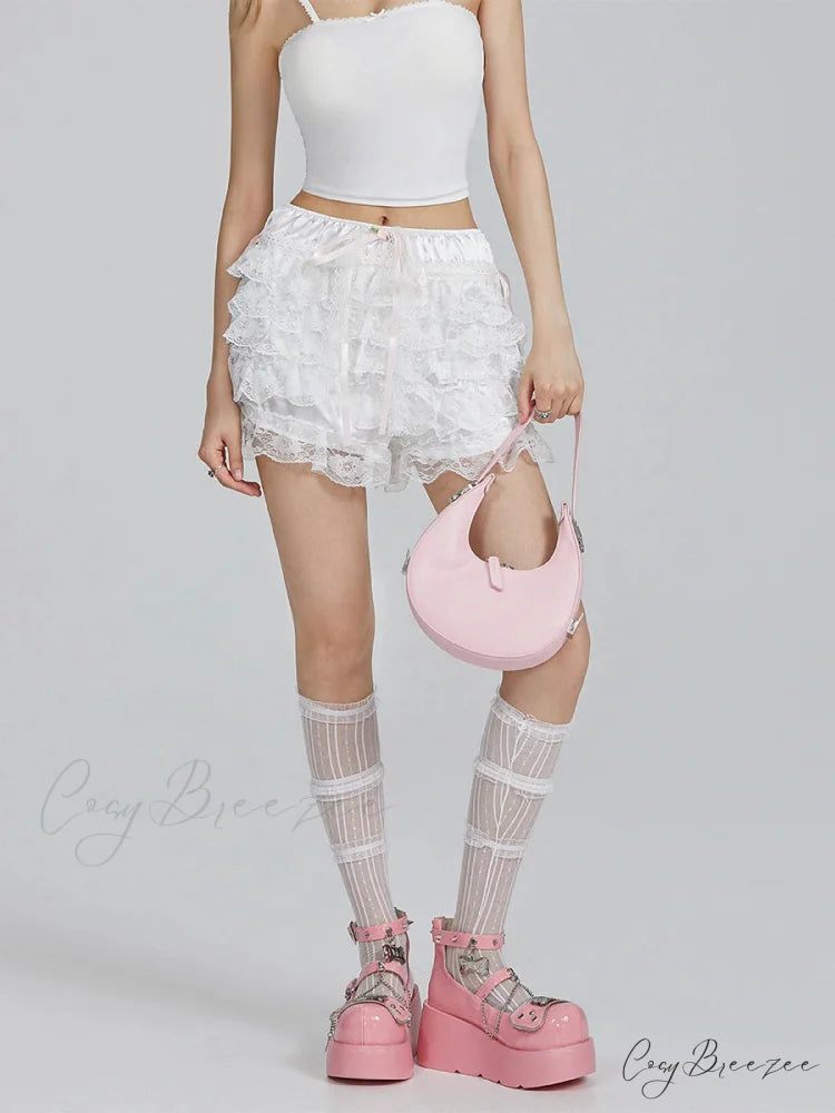 Lace Ruffled Bow Flower Shorts short-250223