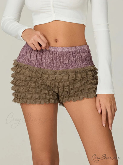 Lace Ruffled Tiered Patchwork Shorts Brown / S short-250223