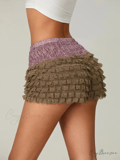 Lace Ruffled Tiered Patchwork Shorts short-250223