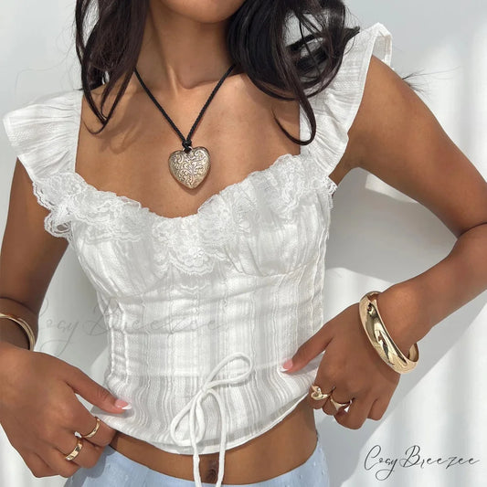 Lace Ruffles Tie-Up Crop Top WHITE / S croptop-250223