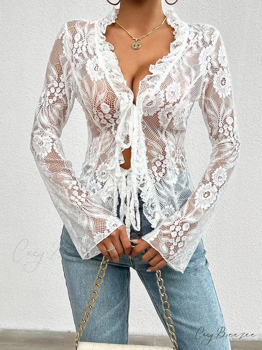 Lace See-Through Sexy Long Sleeve Blouse blouse-250126