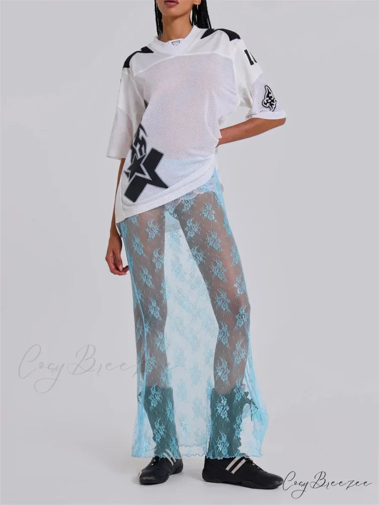 Lace Sheer Maxi Split Alluring Sheer Cover Up Beach Skirt skirt-250126