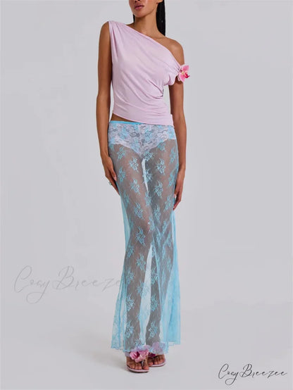 Lace Sheer Maxi Split Alluring Sheer Cover Up Beach Skirt skirt-250126