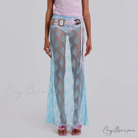 Lace Sheer Maxi Split Alluring Sheer Cover Up Beach Skirt SKY BLUE / S skirt-250126