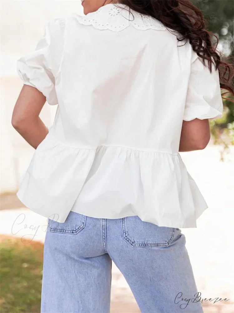 Lace Short Sleeve Front Tie-Up Shirt blouse-250223