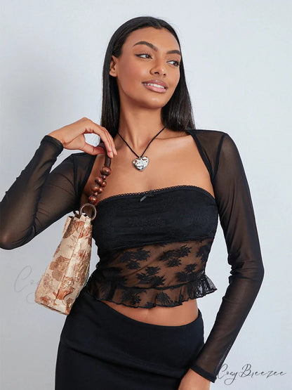 Lace Shrug Two-piece Floral Sheer Mesh Crop Outfit Black / S croptop-250126