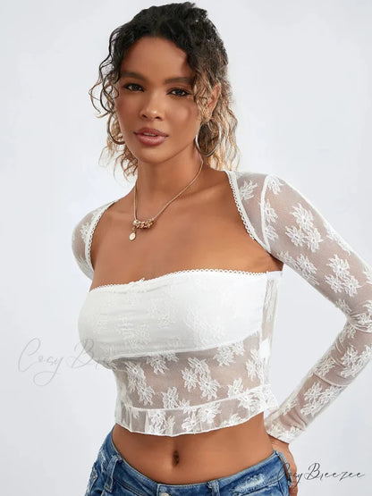 Lace Shrug Two-piece Floral Sheer Mesh Crop Outfit croptop-250126
