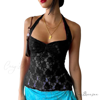 Lace Solid Chic Basic Casual Slim Fit Summer Stylish Elegant Crop Top Black / S