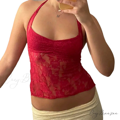 Lace Solid Chic Basic Casual Slim Fit Summer Stylish Elegant Crop Top Red / S