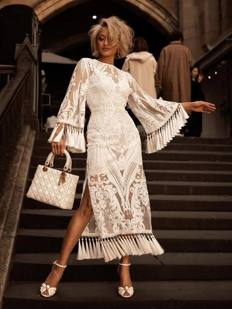 Lace Spaghetti Graceful Strap Irregular Dress White / M