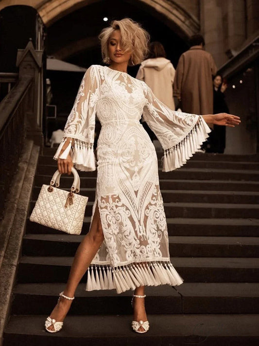 Lace Spaghetti Graceful Strap Irregular Dress White / M