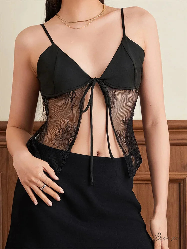 Lace Spaghetti Strap Split Sheer Crop Top BLACK / S croptop-250126
