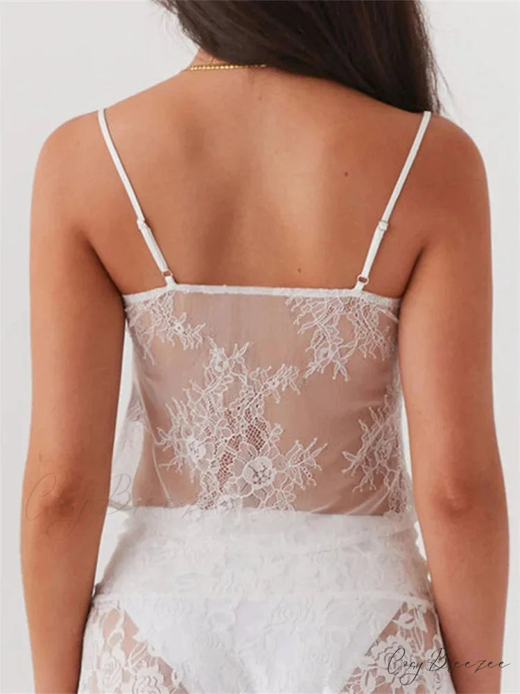 Lace Spaghetti Strap Split Sheer Crop Top croptop-250126
