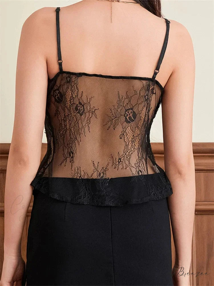 Lace Spaghetti Strap Split Sheer Crop Top croptop-250126