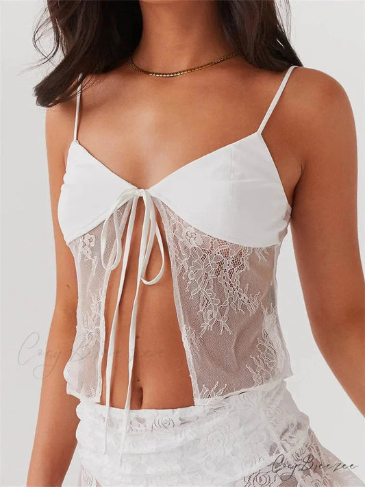 Lace Spaghetti Strap Split Sheer Crop Top croptop-250126